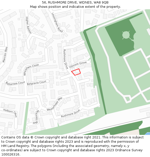 56, RUSHMORE DRIVE, WIDNES, WA8 9QB: Location map and indicative extent of plot