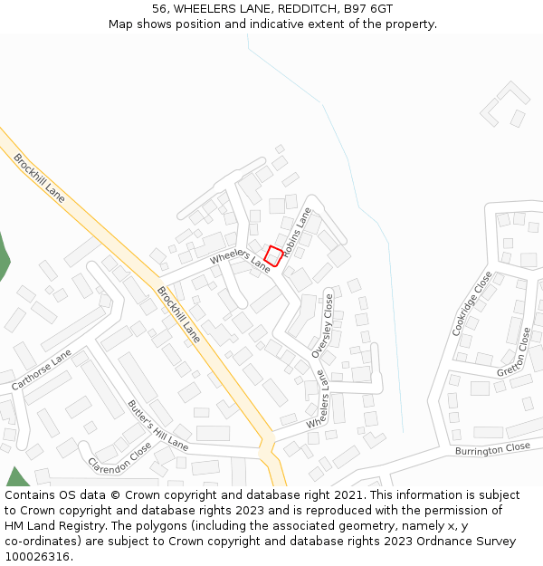 56, WHEELERS LANE, REDDITCH, B97 6GT: Location map and indicative extent of plot