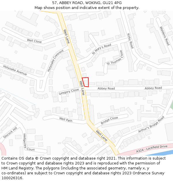 57, ABBEY ROAD, WOKING, GU21 4PG: Location map and indicative extent of plot