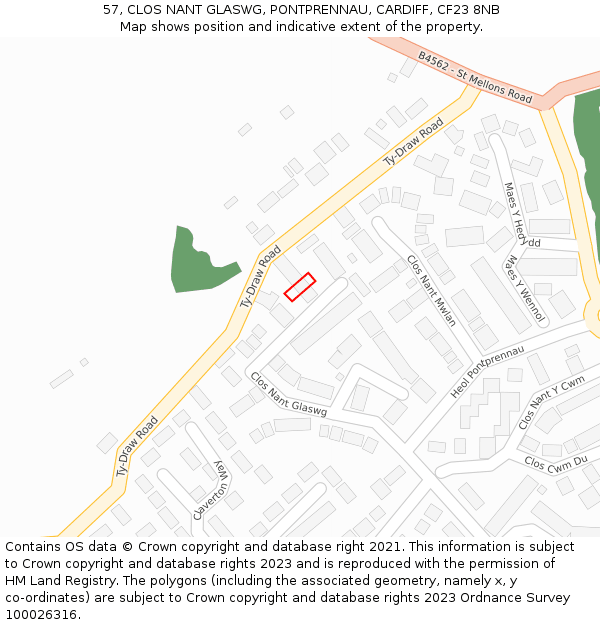 57, CLOS NANT GLASWG, PONTPRENNAU, CARDIFF, CF23 8NB: Location map and indicative extent of plot