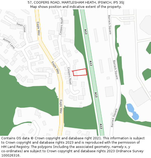 57, COOPERS ROAD, MARTLESHAM HEATH, IPSWICH, IP5 3SJ: Location map and indicative extent of plot