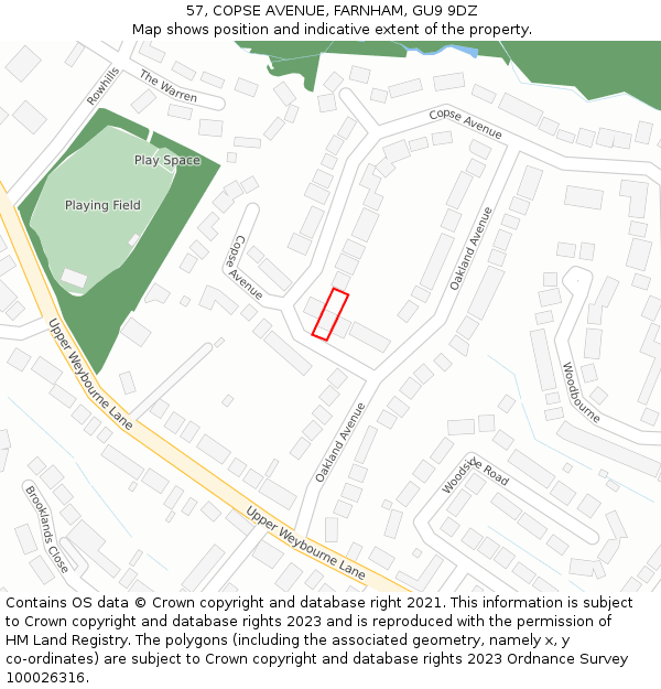 57, COPSE AVENUE, FARNHAM, GU9 9DZ: Location map and indicative extent of plot