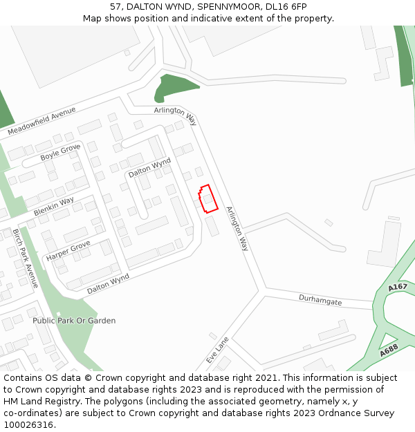 57, DALTON WYND, SPENNYMOOR, DL16 6FP: Location map and indicative extent of plot