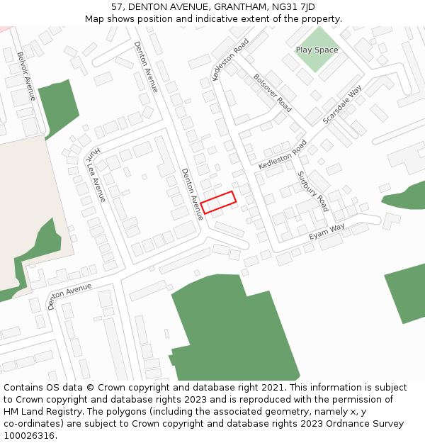 57, DENTON AVENUE, GRANTHAM, NG31 7JD: Location map and indicative extent of plot