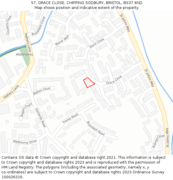 57, GRACE CLOSE, CHIPPING SODBURY, BRISTOL, BS37 6ND: Location map and indicative extent of plot