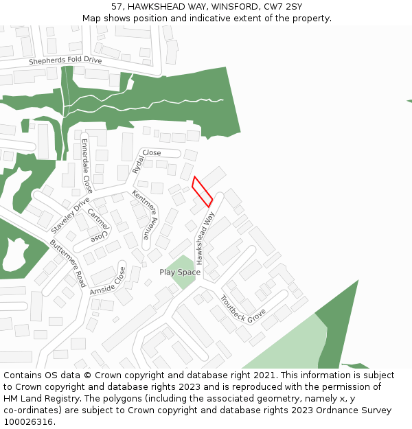 57, HAWKSHEAD WAY, WINSFORD, CW7 2SY: Location map and indicative extent of plot