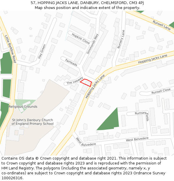 57, HOPPING JACKS LANE, DANBURY, CHELMSFORD, CM3 4PJ: Location map and indicative extent of plot