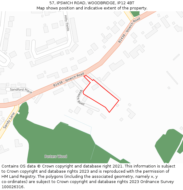 57, IPSWICH ROAD, WOODBRIDGE, IP12 4BT: Location map and indicative extent of plot