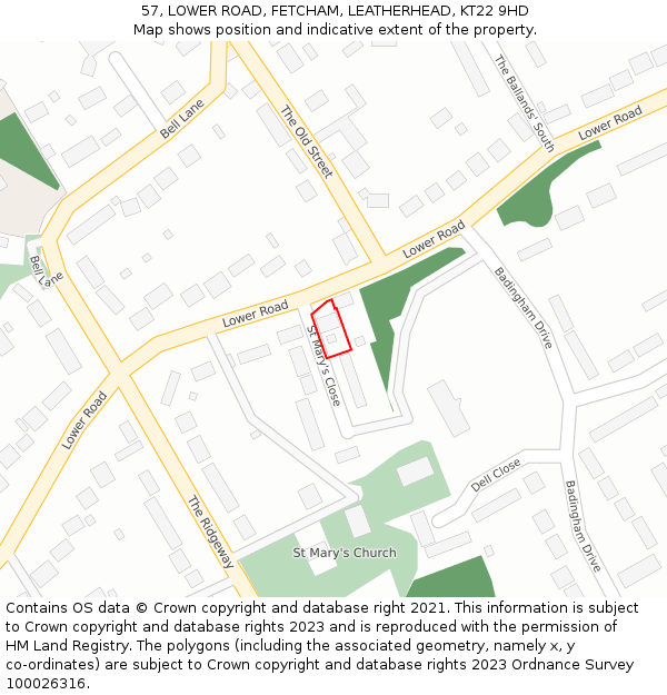 57, LOWER ROAD, FETCHAM, LEATHERHEAD, KT22 9HD: Location map and indicative extent of plot