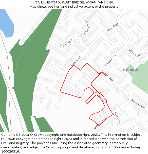 57, LUNE ROAD, PLATT BRIDGE, WIGAN, WN2 5HG: Location map and indicative extent of plot