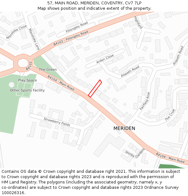 57, MAIN ROAD, MERIDEN, COVENTRY, CV7 7LP: Location map and indicative extent of plot