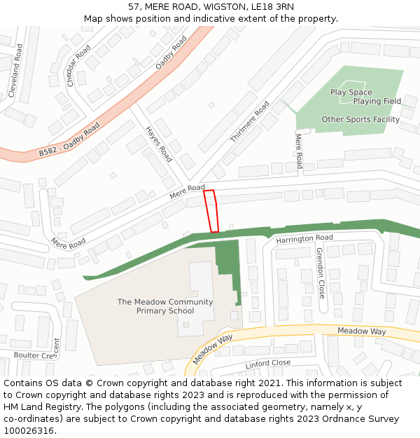 57, MERE ROAD, WIGSTON, LE18 3RN: Location map and indicative extent of plot