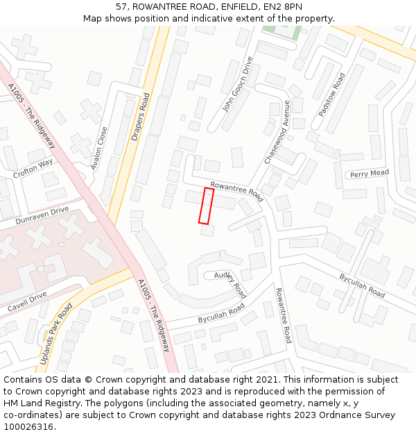 57, ROWANTREE ROAD, ENFIELD, EN2 8PN: Location map and indicative extent of plot