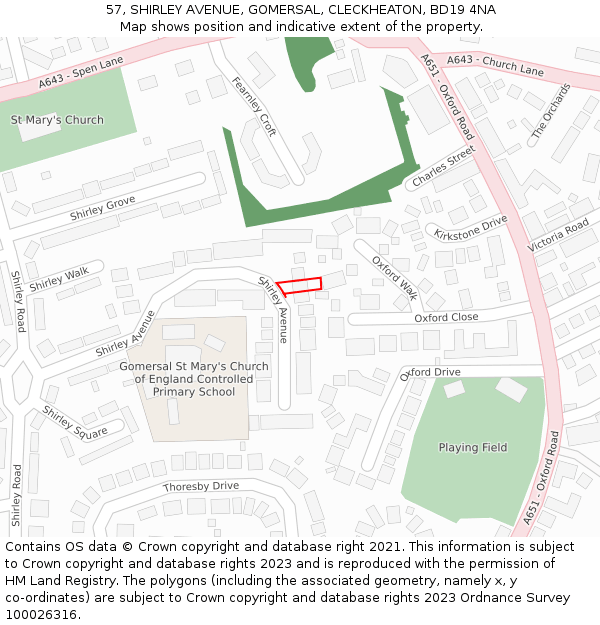 57, SHIRLEY AVENUE, GOMERSAL, CLECKHEATON, BD19 4NA: Location map and indicative extent of plot