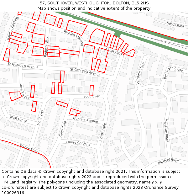 57, SOUTHOVER, WESTHOUGHTON, BOLTON, BL5 2HS: Location map and indicative extent of plot