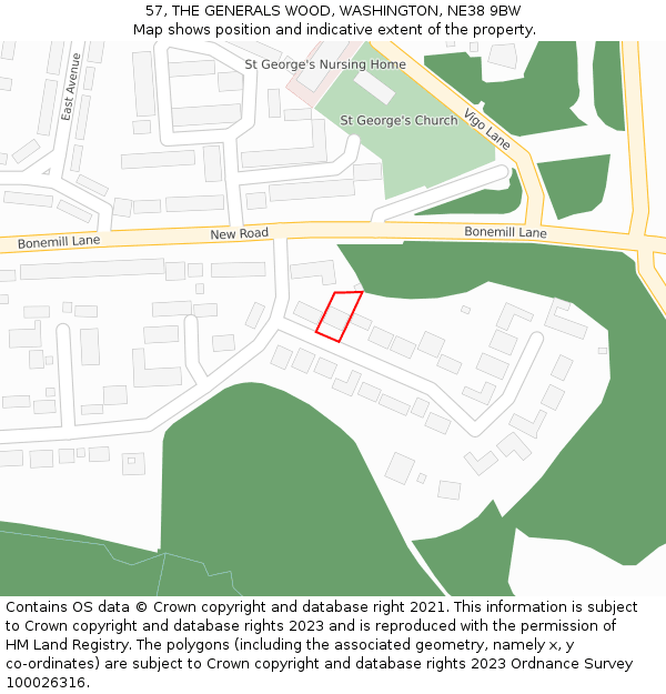 57, THE GENERALS WOOD, WASHINGTON, NE38 9BW: Location map and indicative extent of plot