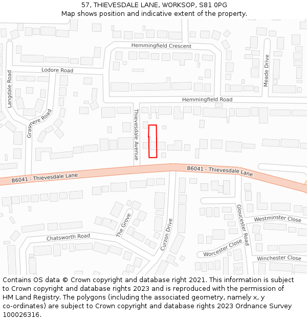 57, THIEVESDALE LANE, WORKSOP, S81 0PG: Location map and indicative extent of plot