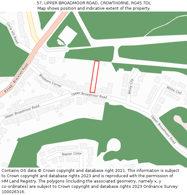 57, UPPER BROADMOOR ROAD, CROWTHORNE, RG45 7DL: Location map and indicative extent of plot