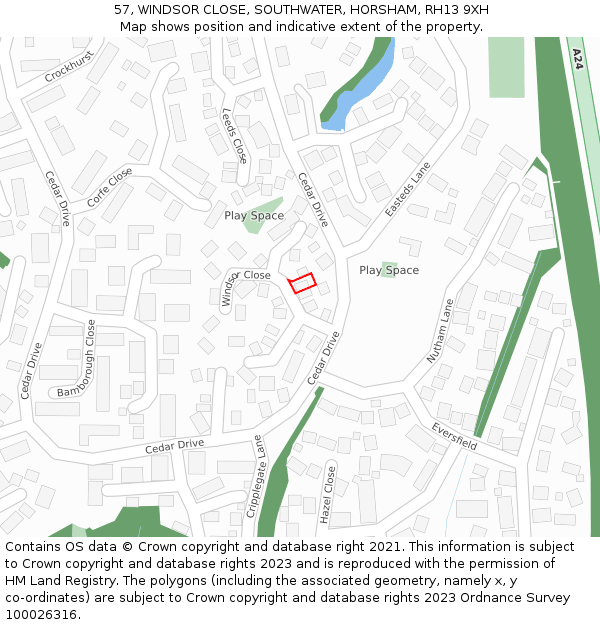 57, WINDSOR CLOSE, SOUTHWATER, HORSHAM, RH13 9XH: Location map and indicative extent of plot