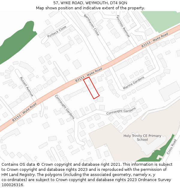 57, WYKE ROAD, WEYMOUTH, DT4 9QN: Location map and indicative extent of plot