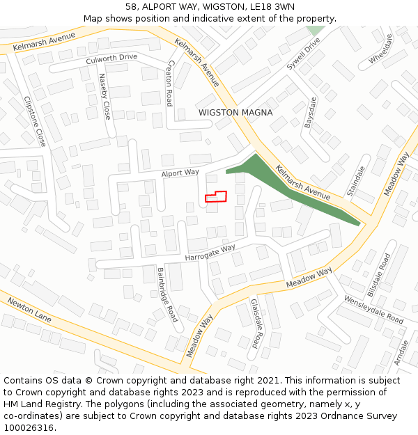 58, ALPORT WAY, WIGSTON, LE18 3WN: Location map and indicative extent of plot