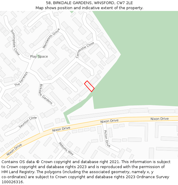 58, BIRKDALE GARDENS, WINSFORD, CW7 2LE: Location map and indicative extent of plot