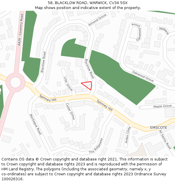 58, BLACKLOW ROAD, WARWICK, CV34 5SX: Location map and indicative extent of plot