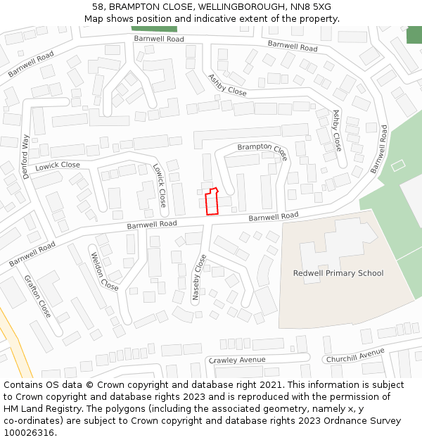 58, BRAMPTON CLOSE, WELLINGBOROUGH, NN8 5XG: Location map and indicative extent of plot