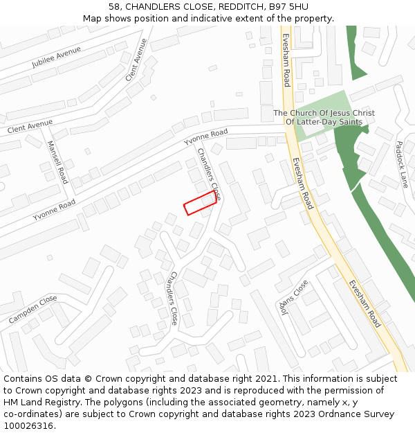 58, CHANDLERS CLOSE, REDDITCH, B97 5HU: Location map and indicative extent of plot