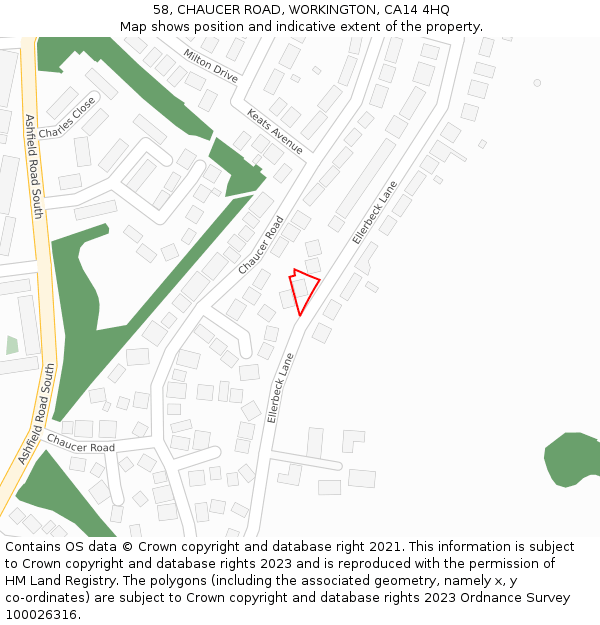 58, CHAUCER ROAD, WORKINGTON, CA14 4HQ: Location map and indicative extent of plot