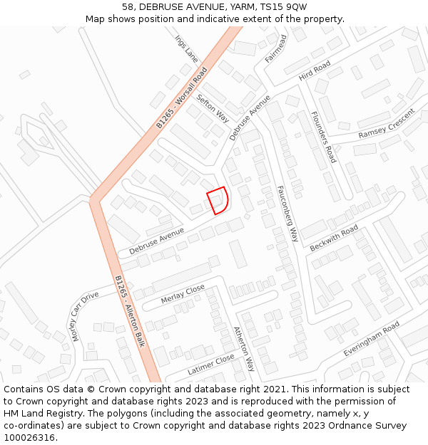 58, DEBRUSE AVENUE, YARM, TS15 9QW: Location map and indicative extent of plot