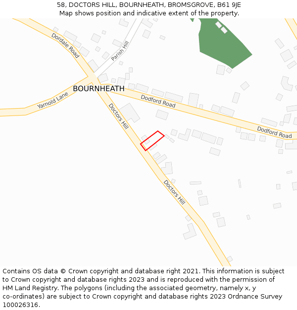 58, DOCTORS HILL, BOURNHEATH, BROMSGROVE, B61 9JE: Location map and indicative extent of plot