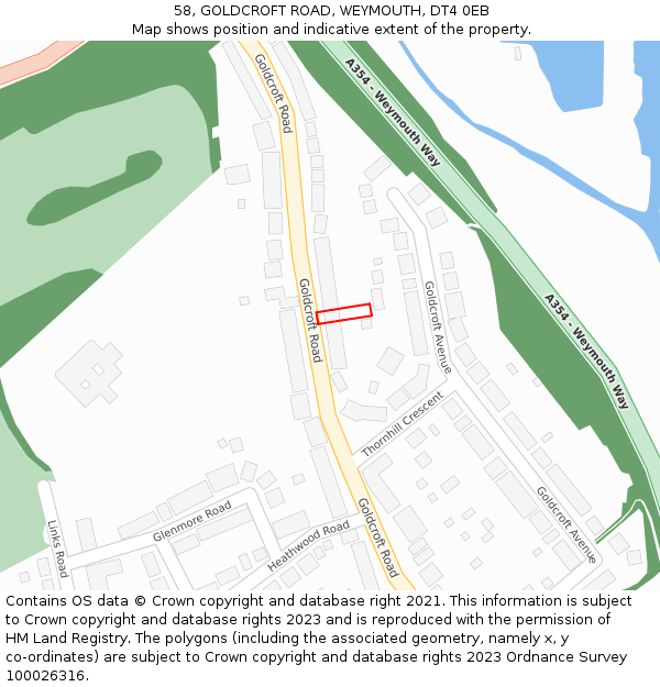 58, GOLDCROFT ROAD, WEYMOUTH, DT4 0EB: Location map and indicative extent of plot
