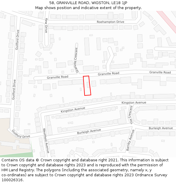 58, GRANVILLE ROAD, WIGSTON, LE18 1JP: Location map and indicative extent of plot