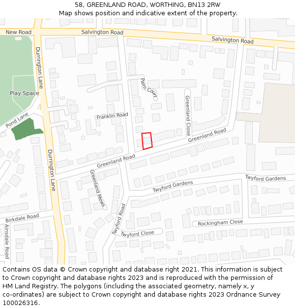 58, GREENLAND ROAD, WORTHING, BN13 2RW: Location map and indicative extent of plot