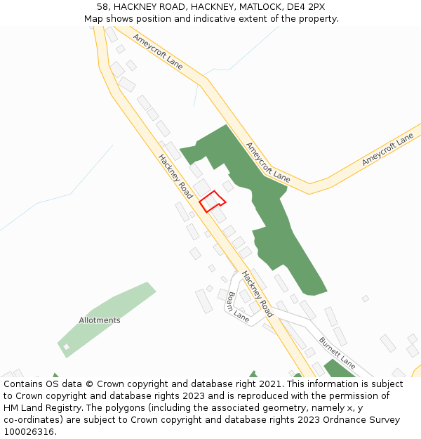 58, HACKNEY ROAD, HACKNEY, MATLOCK, DE4 2PX: Location map and indicative extent of plot