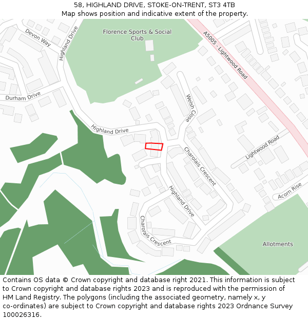 58, HIGHLAND DRIVE, STOKE-ON-TRENT, ST3 4TB: Location map and indicative extent of plot