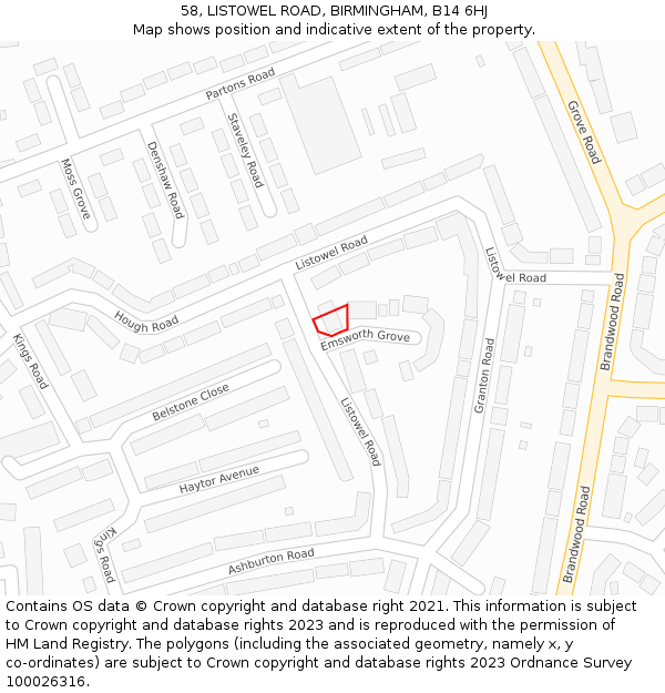 58, LISTOWEL ROAD, BIRMINGHAM, B14 6HJ: Location map and indicative extent of plot