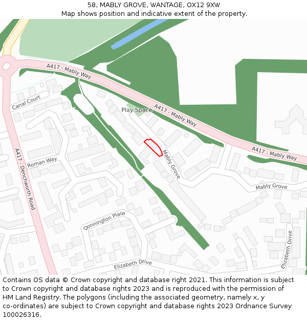 58, MABLY GROVE, WANTAGE, OX12 9XW: Location map and indicative extent of plot