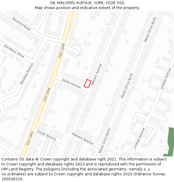 58, MALVERN AVENUE, YORK, YO26 5SG: Location map and indicative extent of plot