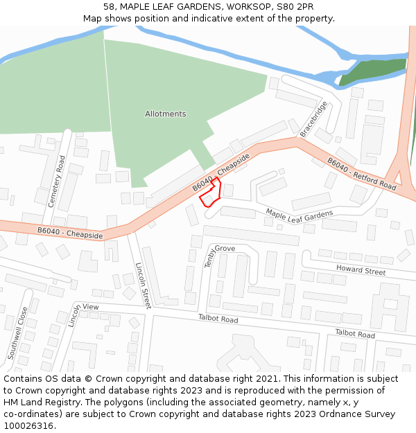 58, MAPLE LEAF GARDENS, WORKSOP, S80 2PR: Location map and indicative extent of plot