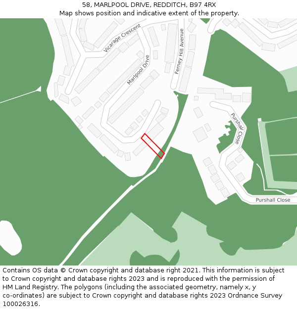 58, MARLPOOL DRIVE, REDDITCH, B97 4RX: Location map and indicative extent of plot