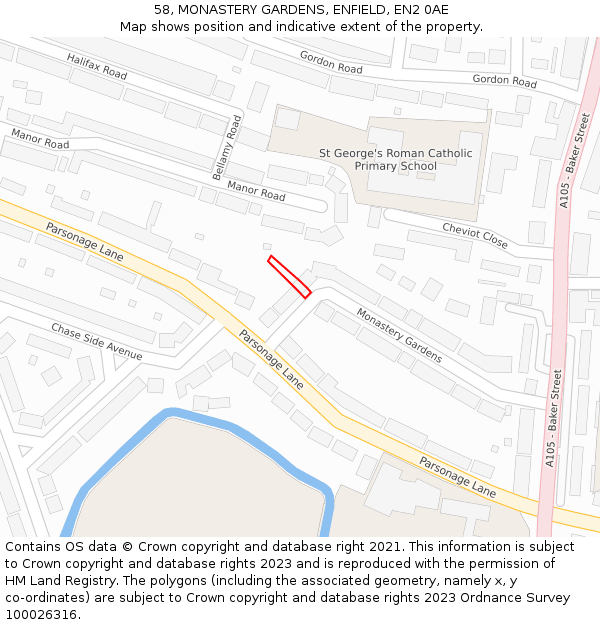 58, MONASTERY GARDENS, ENFIELD, EN2 0AE: Location map and indicative extent of plot