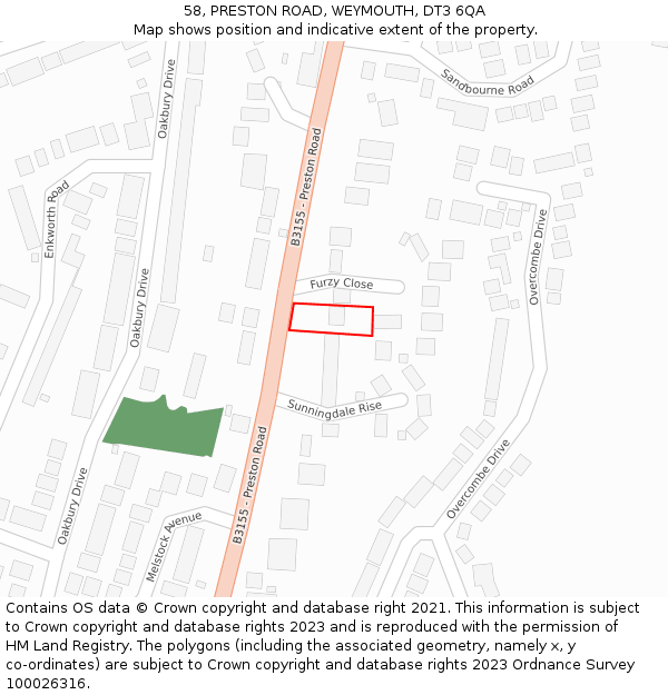 58, PRESTON ROAD, WEYMOUTH, DT3 6QA: Location map and indicative extent of plot