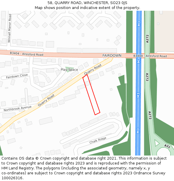 58, QUARRY ROAD, WINCHESTER, SO23 0JS: Location map and indicative extent of plot