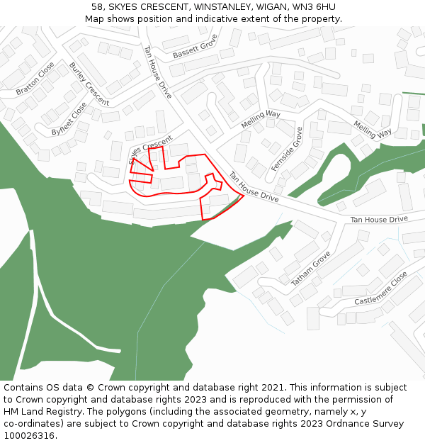 58, SKYES CRESCENT, WINSTANLEY, WIGAN, WN3 6HU: Location map and indicative extent of plot