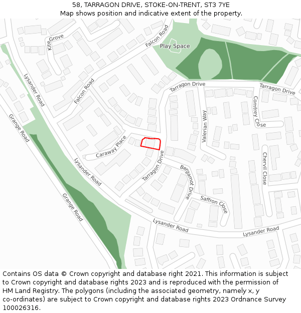 58, TARRAGON DRIVE, STOKE-ON-TRENT, ST3 7YE: Location map and indicative extent of plot