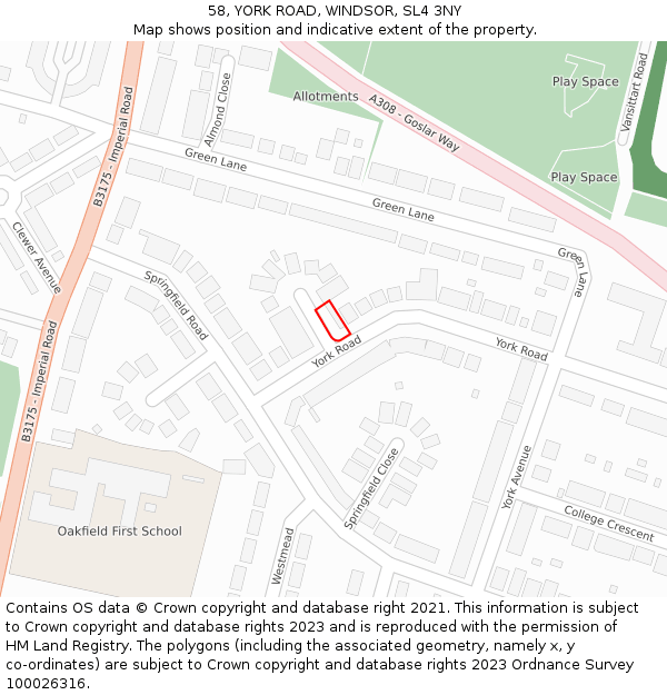 58, YORK ROAD, WINDSOR, SL4 3NY: Location map and indicative extent of plot