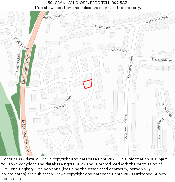 59, CRANHAM CLOSE, REDDITCH, B97 5AZ: Location map and indicative extent of plot