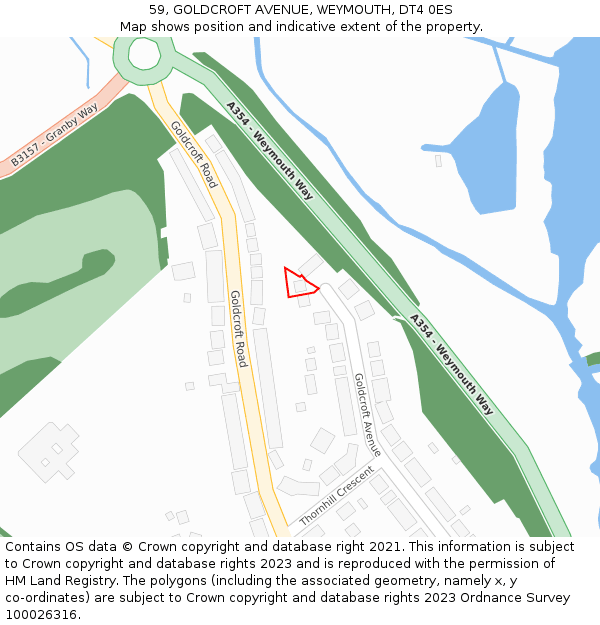 59, GOLDCROFT AVENUE, WEYMOUTH, DT4 0ES: Location map and indicative extent of plot